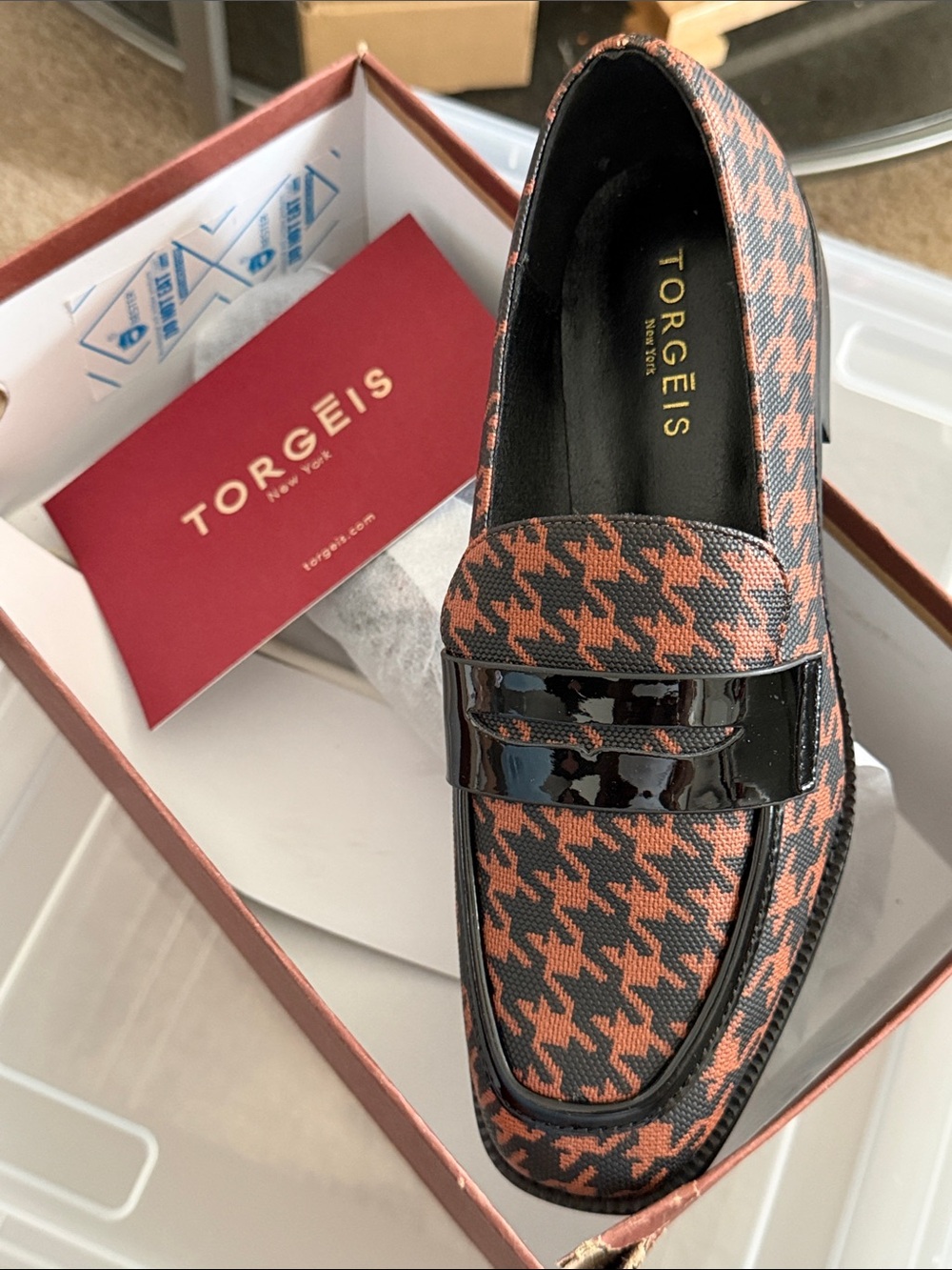 Torgeis Women’s Houndstooth Penny Loafers in Black & Rust